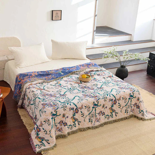 FransenFlair: Mantas de algodón con diseño floral, estructura reversible y calidad transpirable – para sofá y cama