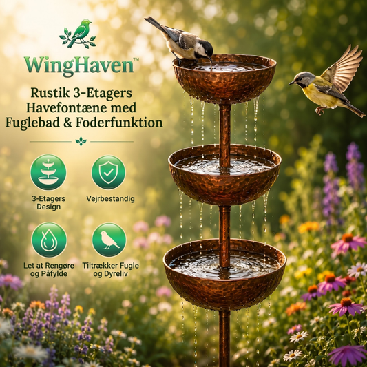 WingHaven™ – Fuente para pájaros y estación de comida rústica de 3 niveles