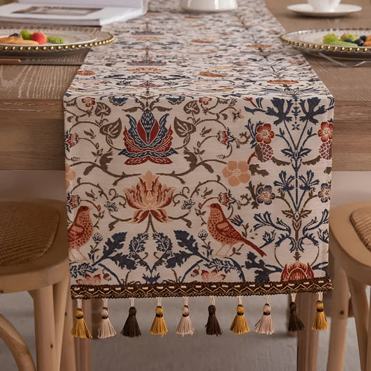 Camino de Mesa Jacquard Vintage con Flores y Aves