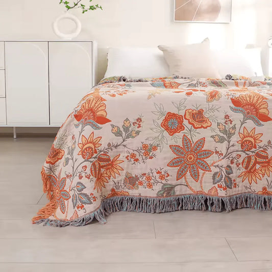Manta Boho Rústica con Diseño Floral | 100 % Algodón