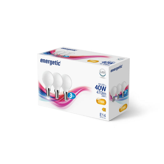 G45 | E14 | Vidrio Lechoso | 470lm | 2700k (equivalente a 40w) Paquete de 3