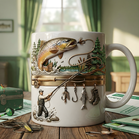 ReelBrew™ – Taza de café de cerámica con escena de pesca