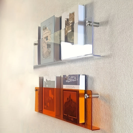 AcrylVista: Estante de pared transparente – moderno, decorativo y colgante para libros y revistas en biblioteca y sala de estar