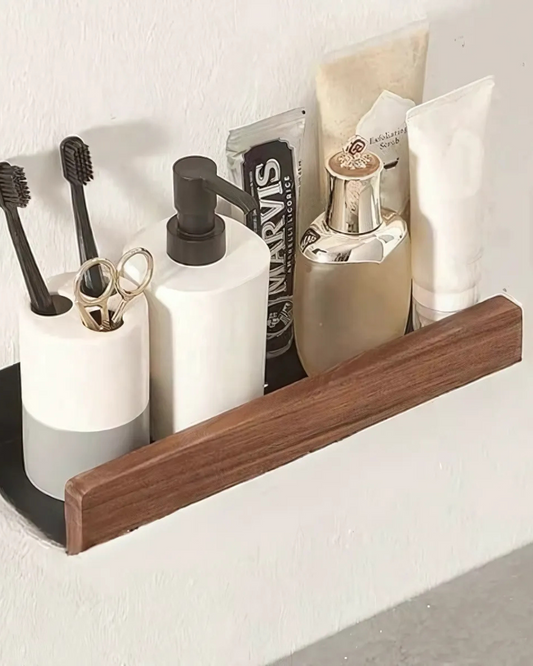 AlignaLume: Estante de pared moderno de metal con frente de madera y diseño minimalista – para baño y cocina