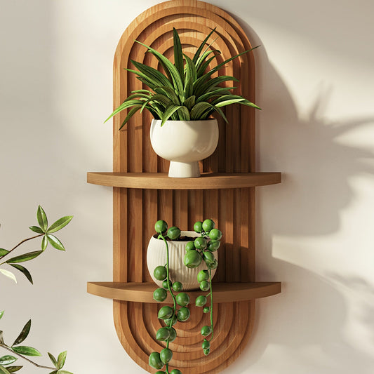 BamRustikal: estantería de pared de madera de 2 niveles – decorativa, flotante y colgante en estilo Boho para plantas en la sala de estar y el dormitorio