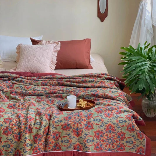 BlütenEleganz: Mantas de algodón estilo Boho con calidad transpirable y estampado colorido – para sofá y lounge