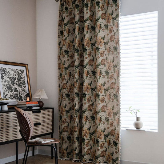 BlütenHarmonie: Cortina con diseño de flores y borlas – translúcida para dormitorios y salas de estar