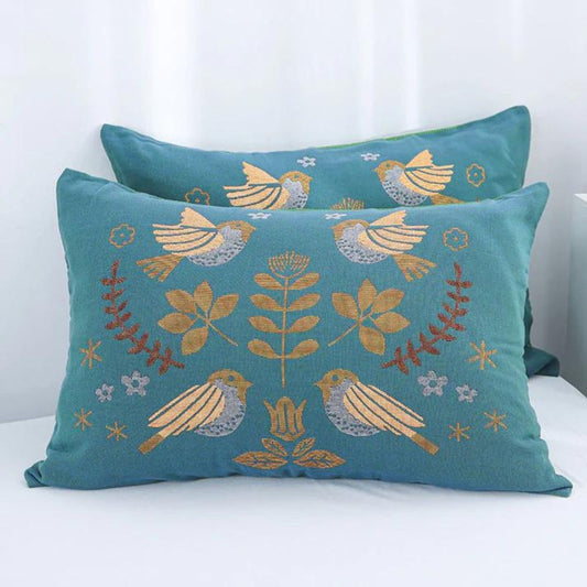 BlütenVogel: Funda de cojín de algodón en estilo Boho con motivo de flores y pájaros (set de 2)
