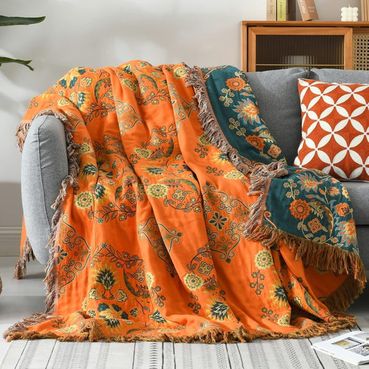 BlütenWende: Manta de algodón con diseño floral – Manta reversible para sofá y cama