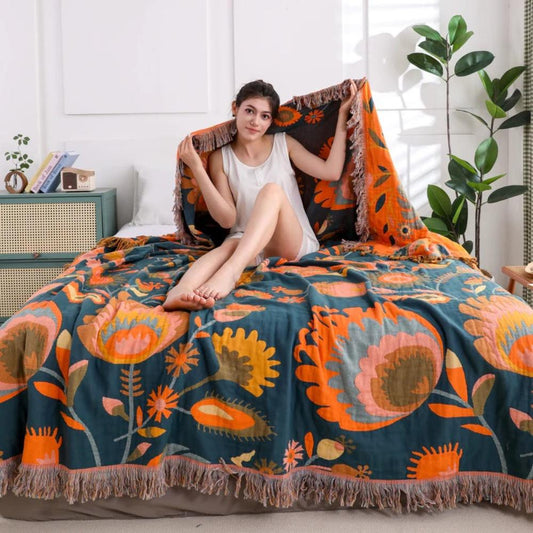 BlütenZauber: Mantas de algodón en diseño boho de flores con ligera estructura y comodidad transpirable – para sofá y dormitorio
