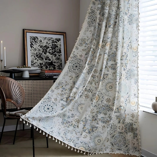 BohoFelicidad: Cortina con estructura floral y borlas – acogedora y elegante para áreas de estar y comedor