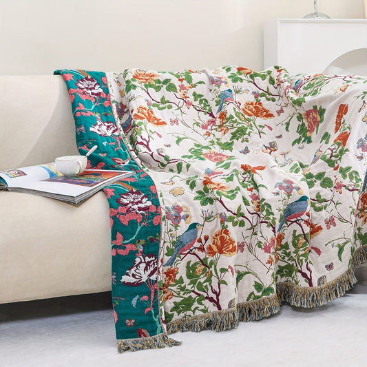 Pájaro Azul Botánico: Manta de algodón reversible con motivo de flores y pájaros – para dormitorio y sala de estar