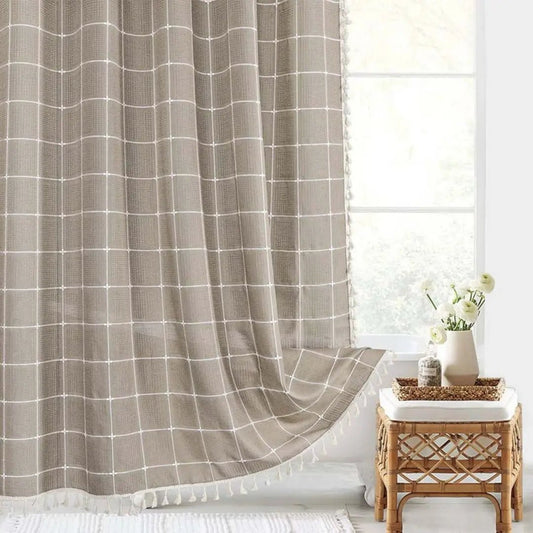 LINENCOVE – Cortina de ducha de lino bohemio con borlas y diseño impermeable