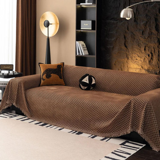 ChenilleHerz: Funda de sofá con patrón de tejido en zigzag y elegante decoración de flecos – para sofá y sillón