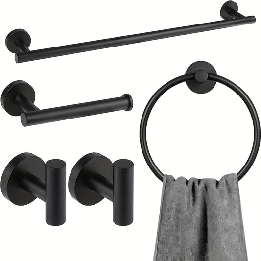 DekoGestell: Soporte para toallas de baño – Set de montaje en pared de 5 piezas de acero inoxidable, negro/plata, ahorrador de espacio y elegante para textiles de baño