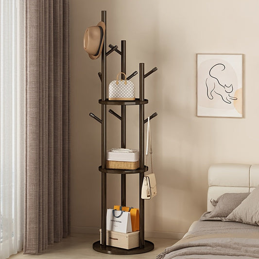 DrehHolz: Perchero de pie – Diseño en madera maciza con 3 estantes y 9 ganchos, giratorio 360° para pasillo y dormitorio