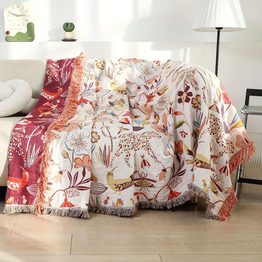 Dschungelblüte: Manta de algodón reversible con patrón de flores tropicales y textura ligera – para sofá y dormitorio