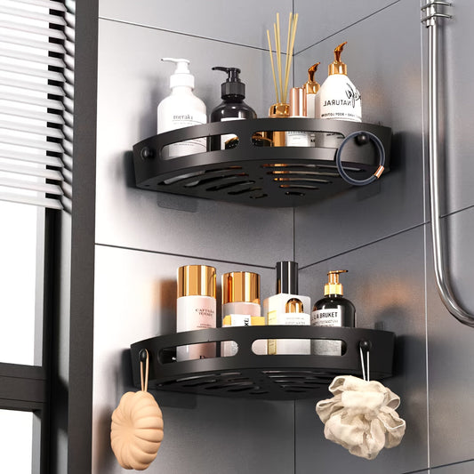 DuschOrdnung: Estantes de pared para baño – moderno estante de esquina de plástico, flotante y ahorrador de espacio sin taladrar para champú y cosméticos