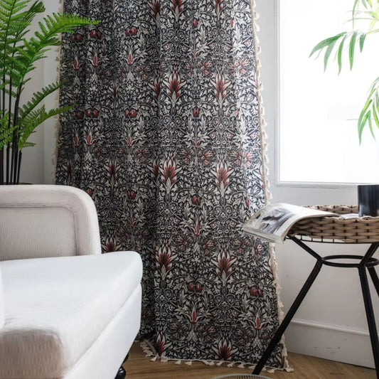 Ebenholzblatt: Cortina con tapicería de flores y borlas – semitranslúcida y decorativa para la sala de estar