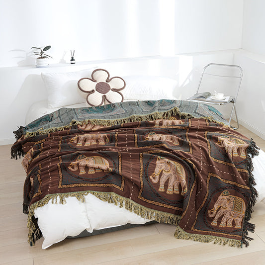 ElefantHaus: Manta de algodón de verano con diseño Boho, motivo de elefante y borlas decorativas – para sofá y dormitorio
