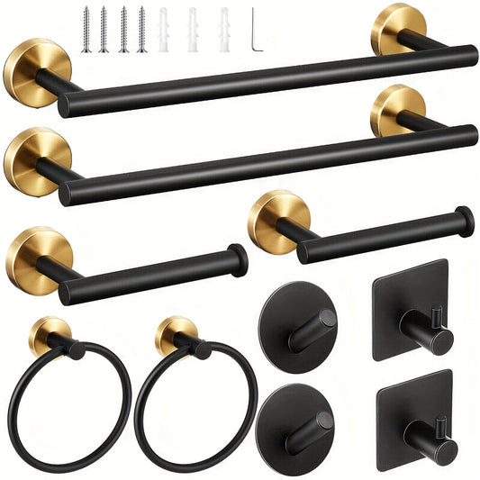 EleganzBausatz: Soporte para toallas de baño – juego moderno de acero inoxidable, negro mate, con barra, ganchos y soportes, decorativo y fácil de cuidar