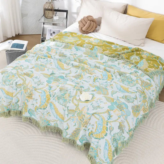 EleganzFaden: Mantas de algodón con estructura jacquard floral y diseño decorativo de borlas – para sofá y cama