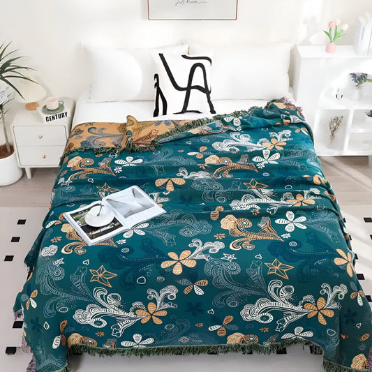 ExotiFlora: Mantas de algodón con estampado de flores exóticas y paisley y detalle de flecos – para sofá y dormitorio