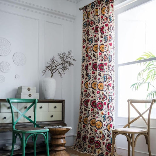 FarbenBlüte: Cortina de estilo Boho con estampado floral y borlas – decorativa y filtrante de luz para la sala de estar