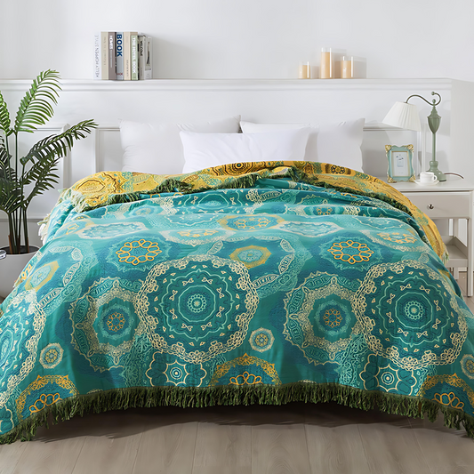 Farbmandala: Manta de algodón transpirable con patrón en teal y dorado & estilo Boho – para sofá y cama