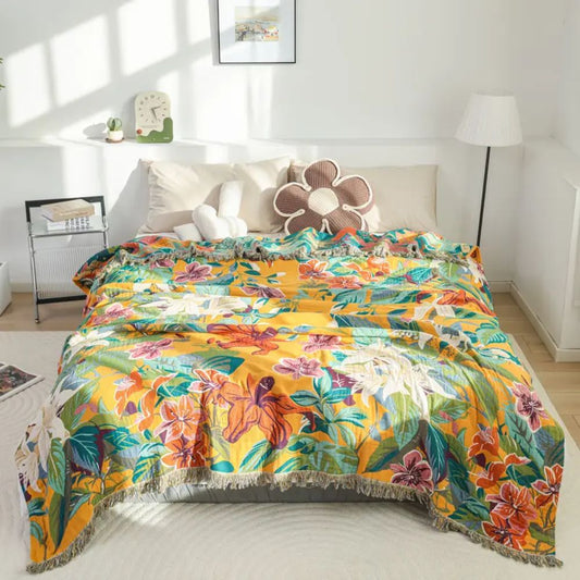 Festival-Tropen: Manta de algodón transpirable con diseño tropical colorido y tejido decorativo – para áreas de estar y dormir