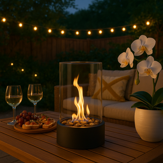 FlammaGlow: Chimenea de mesa portátil de bioetanol - Fuego decorativo sin humo para interiores y exteriores