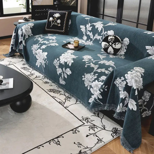 FleurÉternel: Funda de sofá con diseño de flores en jacquard de chenilla transpirable con flecos decorativos – para sofá y salón