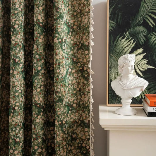 FleurNoveau: Cortina con estampado de flores vintage y borlas – romántica y decorativa para sala de estar y dormitorio