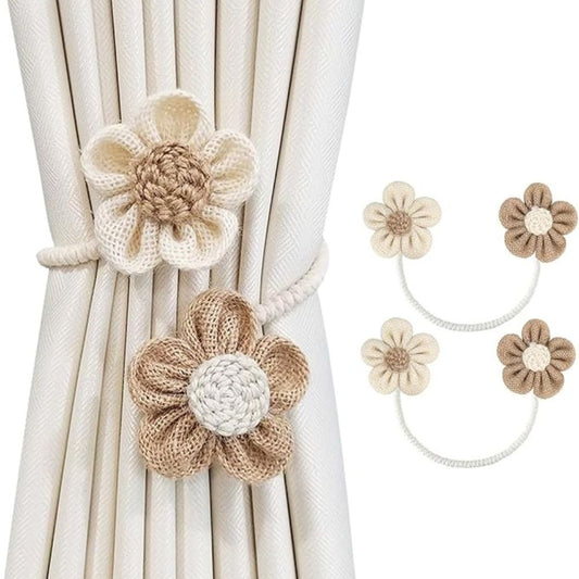 FloraHanf: Soporte para cortinas con diseño floral y cuerda de cáñamo – accesorio decorativo en set de 2