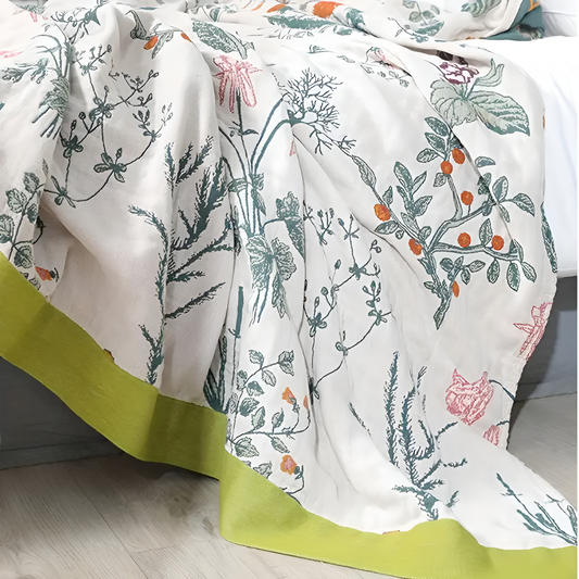 FloraHaus: Ligera manta de algodón de verano con patrón floral y estructura transpirable – para cama y sofá