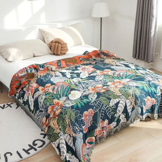 FloraSoleil: Mantas de algodón con diseño de flores tropicales, tejido Jacquard y estructura reversible – para sofá y dormitorio