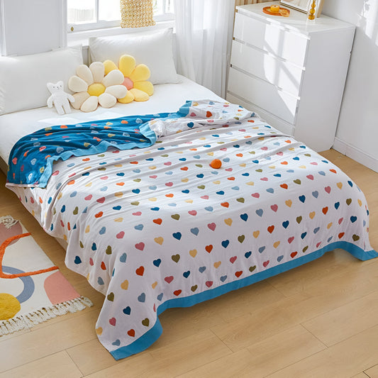 HerzGlück: Mantas de algodón en estilo reversible con estampado de corazones colorido y suave tacto – para sofá y cama