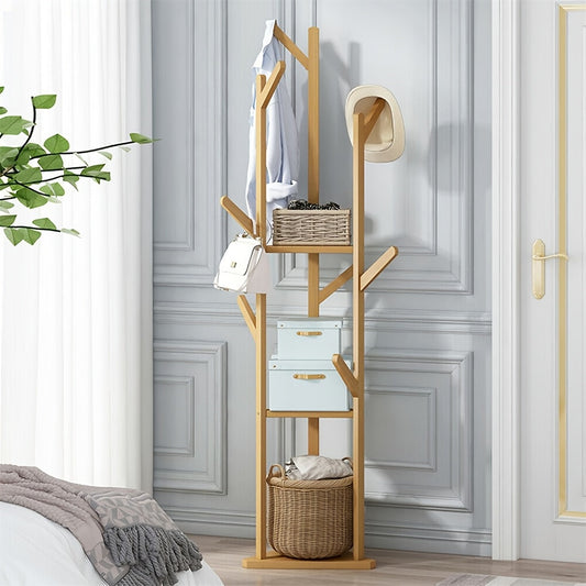 HolzGleichgewicht: Perchero independiente – elegante estructura de bambú con función giratoria, compacto y decorativo para pasillo y sala de estar