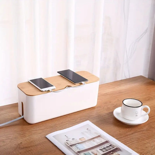 KabelMeister: Caja de cables de bambú – elegante, ventilada y práctica para escritorio y estante de TV
