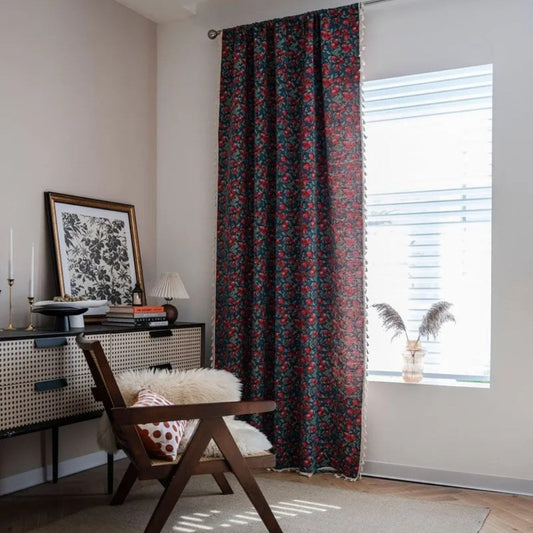 KirschBlüte: Cortina con patrón de flores y borlas – decorativa en estilo vintage para la sala de estar
