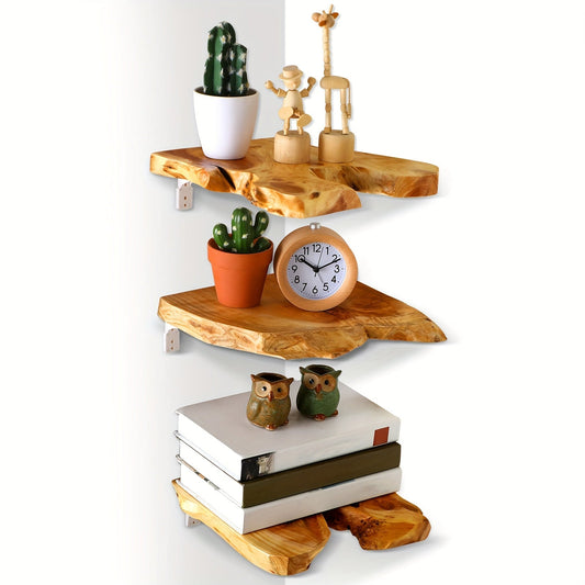 KlassischeAkzent: Estantes de pared de madera – Set de 3, ahorradores de espacio y flotantes en estilo moderno para sala de estar y baño