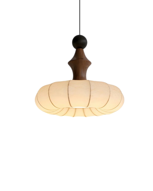 LichtSeide: Lámpara colgante moderna – lujosa lámpara de tela con detalles de madera, elegante para dormitorio y salón