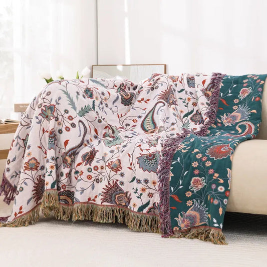 Liora: Manta de algodón vintage con estampado floral y flecos – para sala de estar y dormitorio