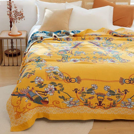 Lumenvogel: mantas de algodón en un elegante diseño de aves con estampado floral y suave textura – para sofá y cama