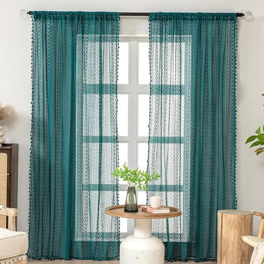 LumineSpitze: Cortinas con encaje de ganchillo y borlas – semitransparentes y decorativas para la sala de estar