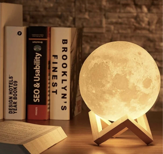 LunaGlanz: Lámpara de Luna LED – Inalámbrica, Regulable y Recargable con Control Remoto y Soporte de Madera