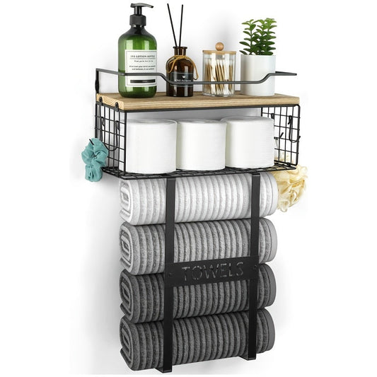 MaisonRustique: Soporte para toallas de baño – estantería de madera elegante en estilo rústico francés, decorativa y ahorradora de espacio para la organización del baño