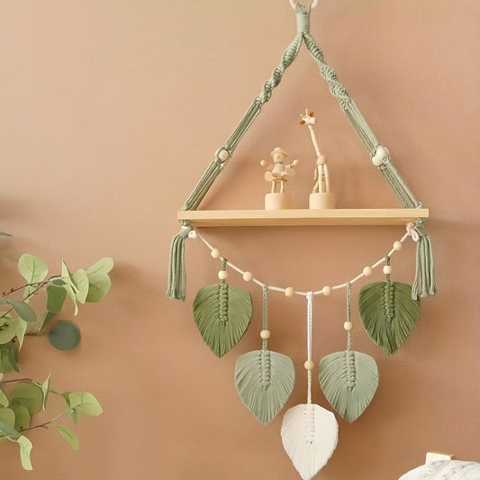 MakrameeBlatt: Estante de pared de madera – decorativo, flotante y colgante con hojas hechas a mano en estilo boho para dormitorio y sala de estar