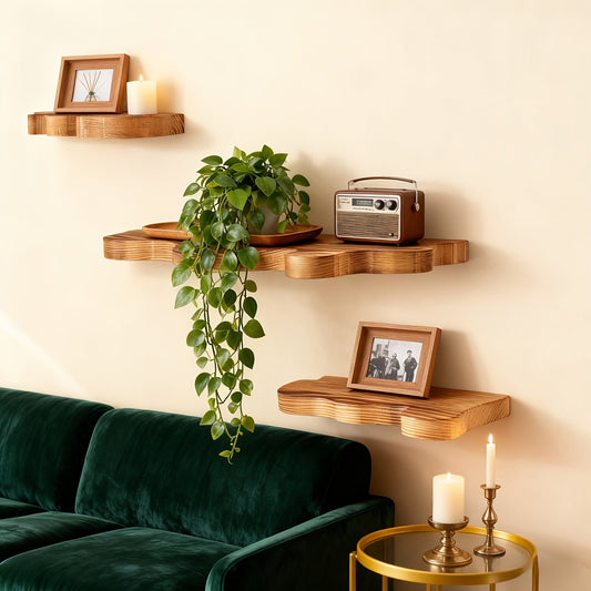 NaturSchwung: Estantes de pared de madera – 3 piezas, elegantes y flotantes en diseño vintage de olas