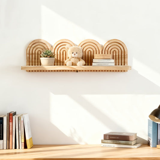 NordischBogen: Estante de pared de madera – decorativo, flotante y colgante en diseño minimalista de arco para sala de estar y dormitorio
